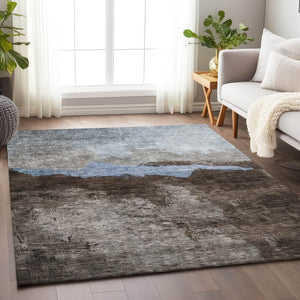Homeroots 3' Stylish Blue Gray And Gold Abstract Washable Area Rug For Indoor And Outdoor Spaces, Durable Design 10' X 14' Polyester 603004