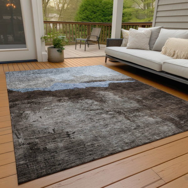 Homeroots 3' Stylish Blue Gray And Gold Abstract Washable Area Rug For Indoor And Outdoor Spaces, Durable Design 10' X 14' Polyester 603004