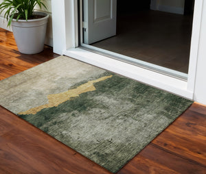 Homeroots 3' Stylish Blue Gray And Gold Abstract Washable Area Rug For Indoor And Outdoor Spaces, Durable Design 3' X 5' Polyester 603005