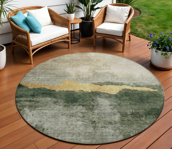 Homeroots 3' Stylish Blue Gray And Gold Abstract Washable Area Rug For Indoor And Outdoor Spaces, Durable Design 8' Round Polyester 603007
