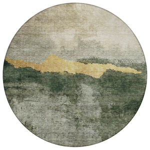 HomeRoots 5' Stylish Fern Green and Gold Abstract Washable Area Rug for Indoor and Outdoor Use, Durable Design 8' Round 603007