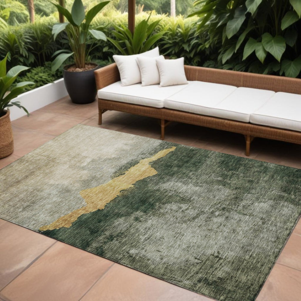HomeRoots 5' Stylish Fern Green and Gold Abstract Washable Area Rug for Indoor and Outdoor Use, Durable Design 8' X 10' 603008
