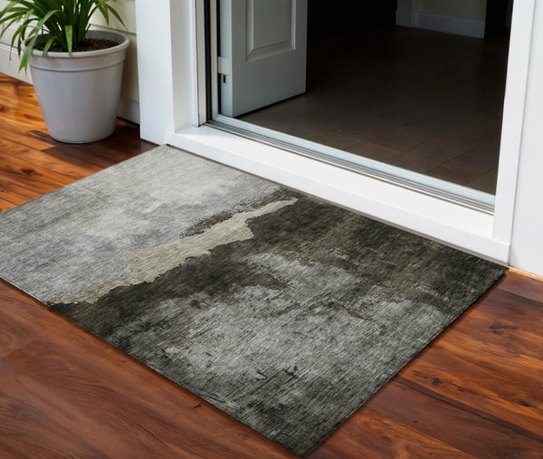 Homeroots 3' Stylish Blue Gray And Gold Abstract Washable Area Rug For Indoor And Outdoor Spaces, Durable Design 3' X 5' Polyester 603011