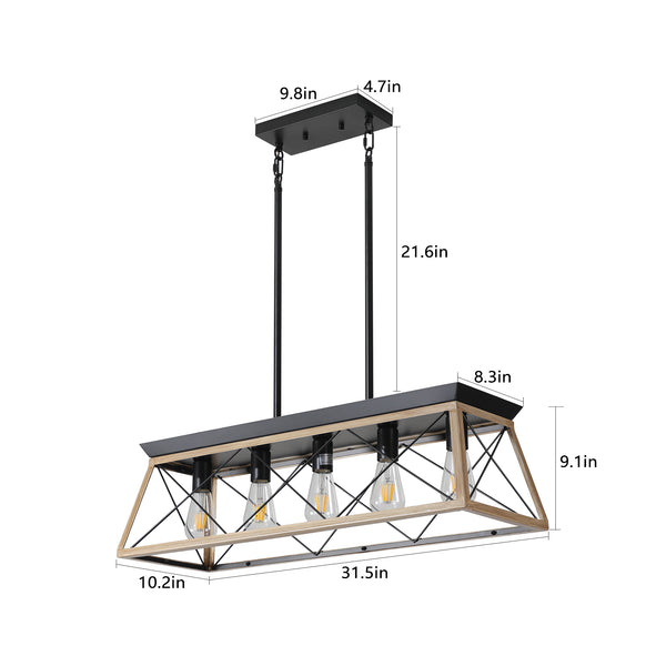 English Elm 32" Oak Industrial 5-Light Pendant Chandelier Rustic Metal Cage, Height Adjustable, E26 Compatible, UL Listed W2312P368671