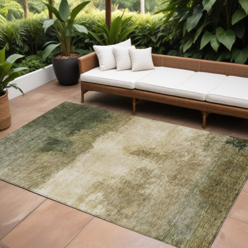 HomeRoots 9' X 12' Modern Fern Green and Beige Abstract Washable Rug for Indoor & Outdoor Versatile Use 603021