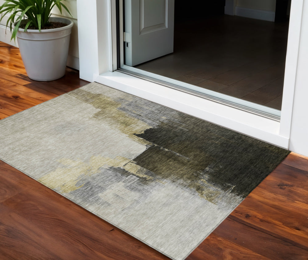 Homeroots 3' Khaki Light Green And Black Abstract Washable Area Rug For Indoor And Outdoor Spaces 3' X 5' Polyester 603029