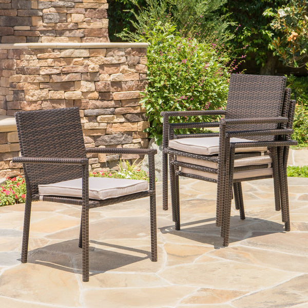 English Elm Christopher Knight Home® - SAN Rattan Dining Chair with Cushion – Weather-Resistant Wicker, Stackable, No-Assembly, Modern Patio Seating Brown Multi 60303.00CMBN