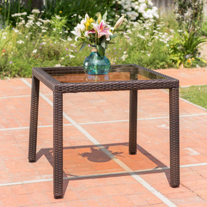 Christopher Knight Home® - Noble House - San Pico Outdoor Square Multibrown Wicker Dining Table with Tempered Glass Top