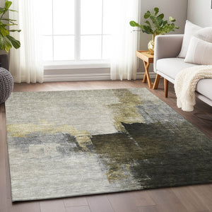 Homeroots 3' Khaki Light Green And Black Abstract Washable Area Rug For Indoor And Outdoor Spaces 5' X 8' Polyester 603030