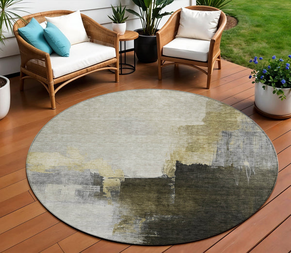 Homeroots 3' Khaki Light Green And Black Abstract Washable Area Rug For Indoor And Outdoor Spaces 8' Round Polyester 603031