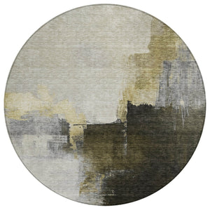 HomeRoots 5' Abstract Washable Area Rug in Khaki, Light Green & Black - Stylish Indoor/Outdoor Essential! 8' Round 603031