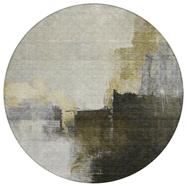 HomeRoots 5' Abstract Washable Area Rug in Khaki, Light Green & Black - Stylish Indoor/Outdoor Essential! 8' Round 603031