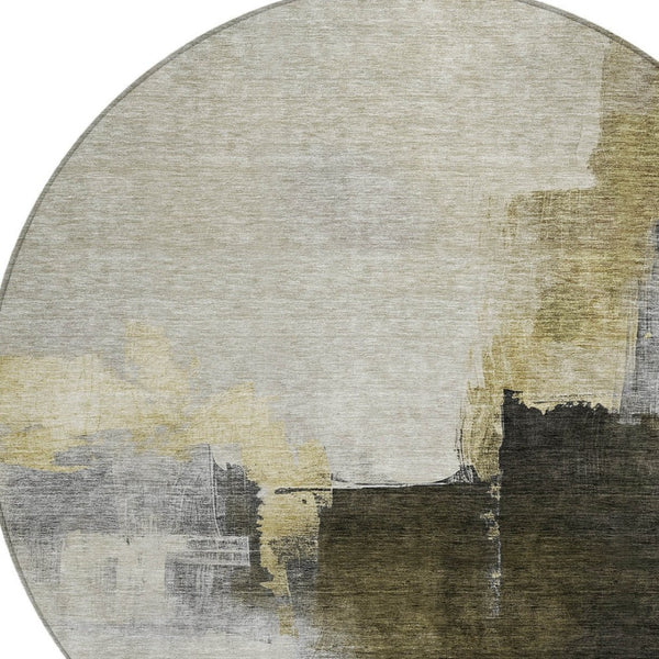 Homeroots 3' Khaki Light Green And Black Abstract Washable Area Rug For Indoor And Outdoor Spaces 8' Round Polyester 603031