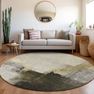 Homeroots 3' Khaki Light Green And Black Abstract Washable Area Rug For Indoor And Outdoor Spaces 8' Round Polyester 603031