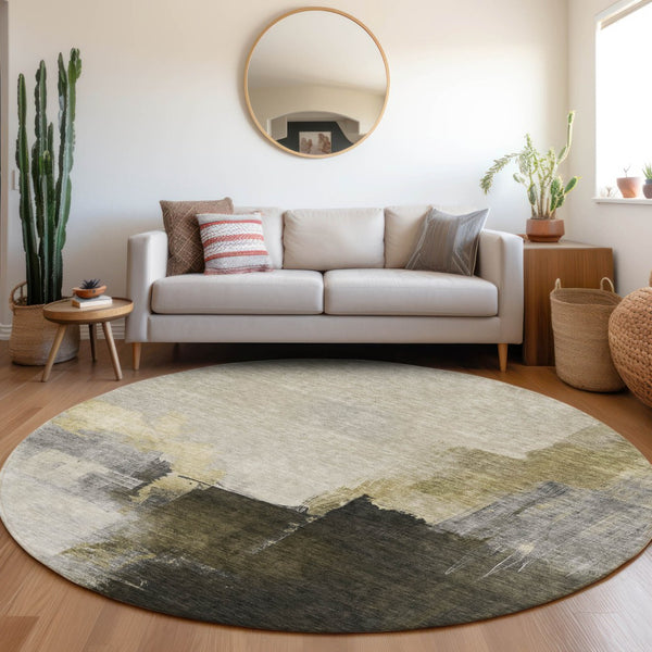 Homeroots 3' Khaki Light Green And Black Abstract Washable Area Rug For Indoor And Outdoor Spaces 8' Round Polyester 603031