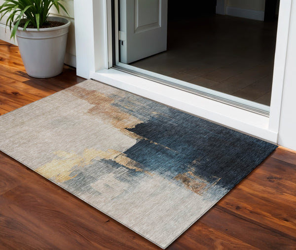 Homeroots 3' Khaki Light Green And Black Abstract Washable Area Rug For Indoor And Outdoor Spaces 3' X 5' Polyester 603035