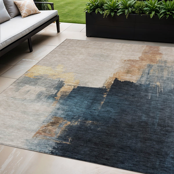 Homeroots 3' Khaki Light Green And Black Abstract Washable Area Rug For Indoor And Outdoor Spaces 5' X 8' Polyester 603036