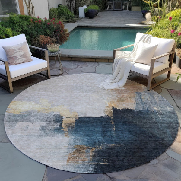 Homeroots 3' Khaki Light Green And Black Abstract Washable Area Rug For Indoor And Outdoor Spaces 8' Round Polyester 603037