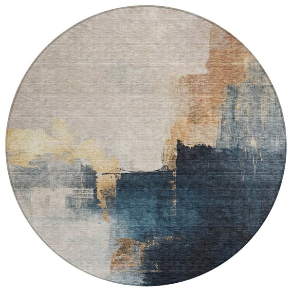 HomeRoots 5' Contemporary Taupe Black and Blue Abstract Area Rug - Washable, Stain-Resistant Indoor/Outdoor Decor 8' Round 603037