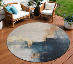 Homeroots 3' Khaki Light Green And Black Abstract Washable Area Rug For Indoor And Outdoor Spaces 8' Round Polyester 603037