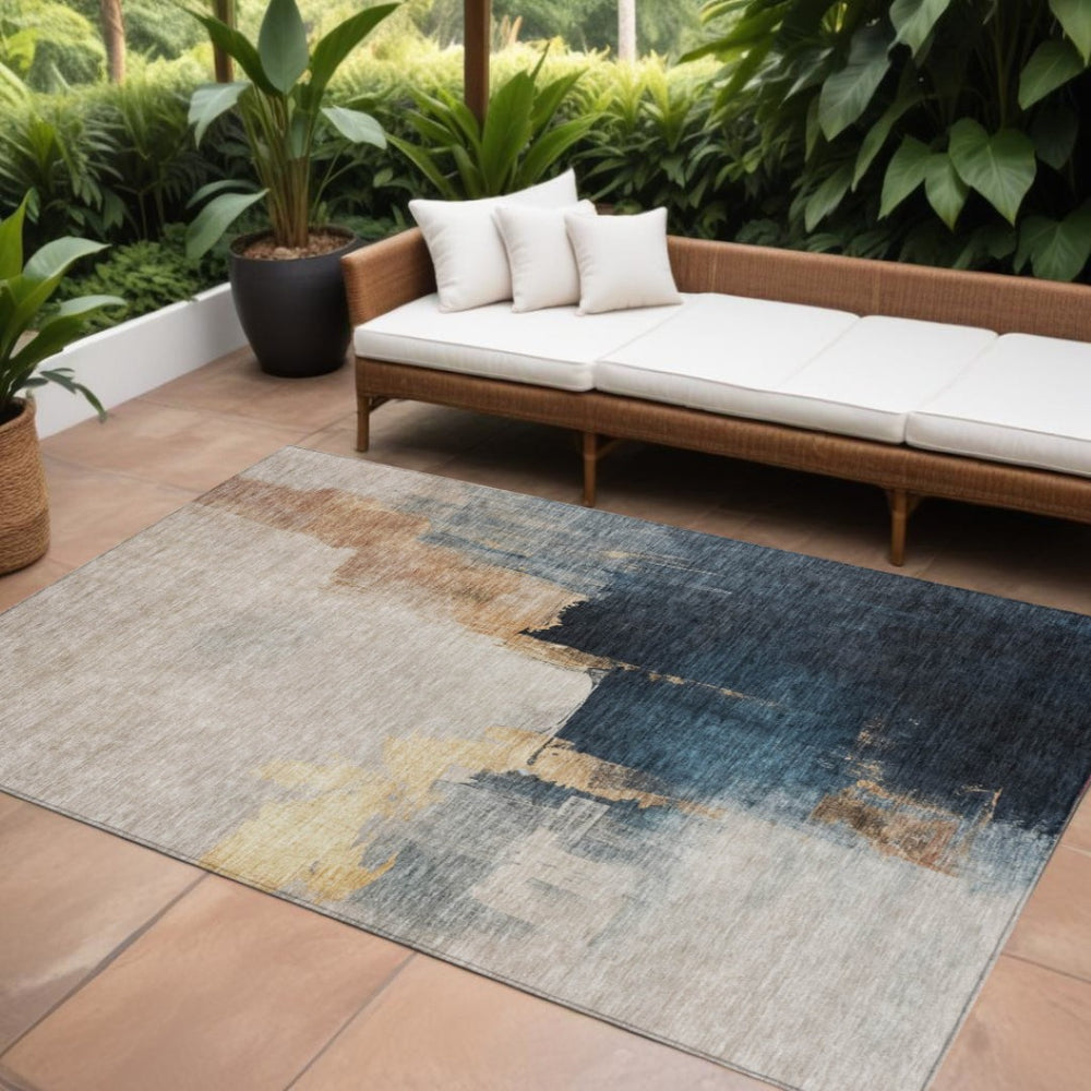 HomeRoots 9' X 12' Abstract Area Rug - Stylish Taupe, Black & Blue Design for Indoor/Outdoor Use, Washable & Durable 603039