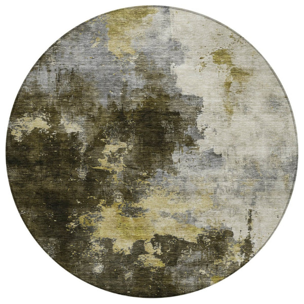 HomeRoots 5' Abstract Area Rug in Brown, Light Gray & Black - Washable, Durable, Stylish for Indoor & Outdoor Use 8' Round 603043