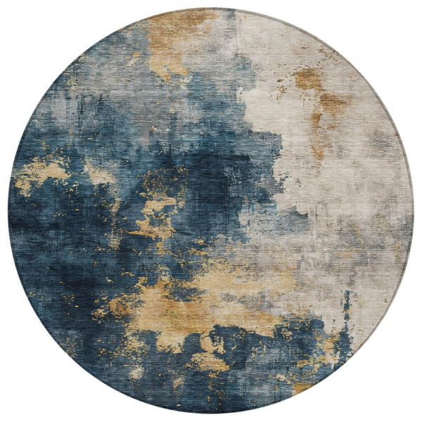 HomeRoots 5' Blue Gray and Gold Abstract Indoor Outdoor Area Rug - Stylish, Washable, and Stain-Resistant Design 8' Round 603049