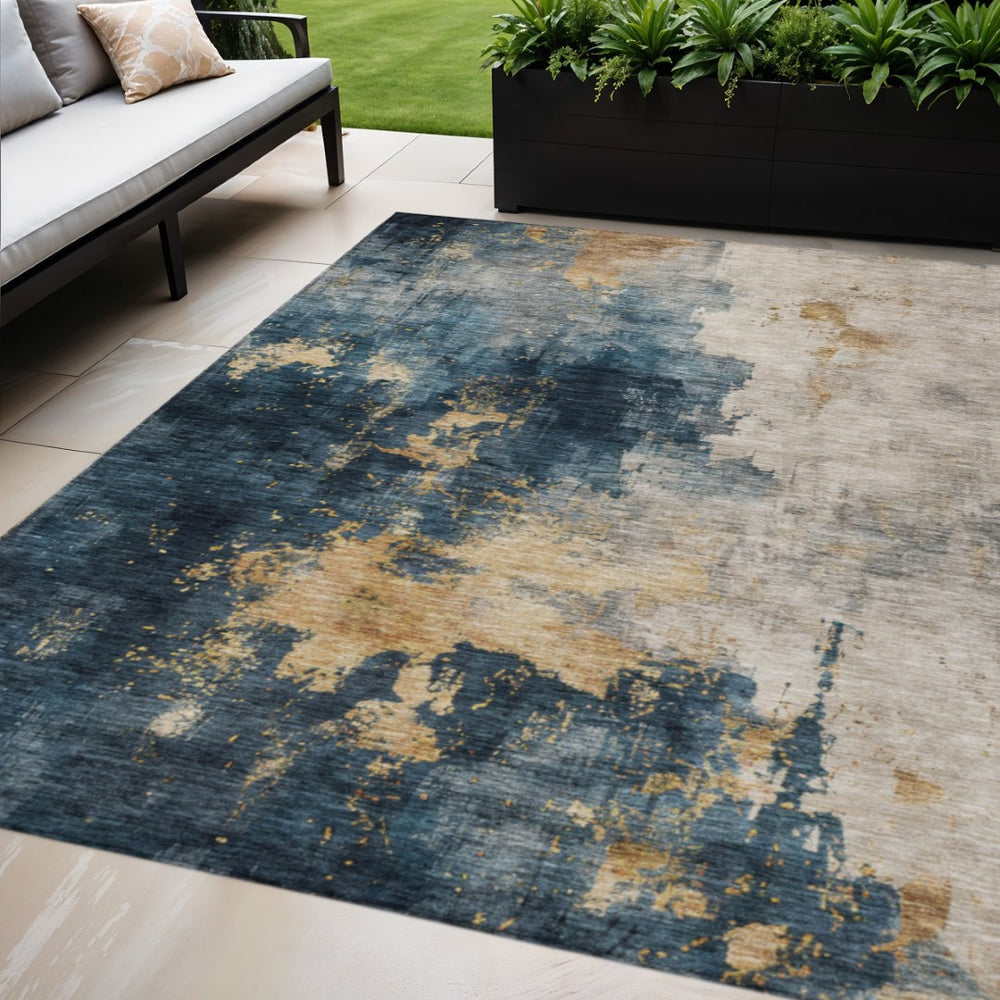 HomeRoots 9' X 12' Blue Gray & Gold Abstract Area Rug – Stylish, Washable & Durable for Indoor/Outdoor Spaces 603051