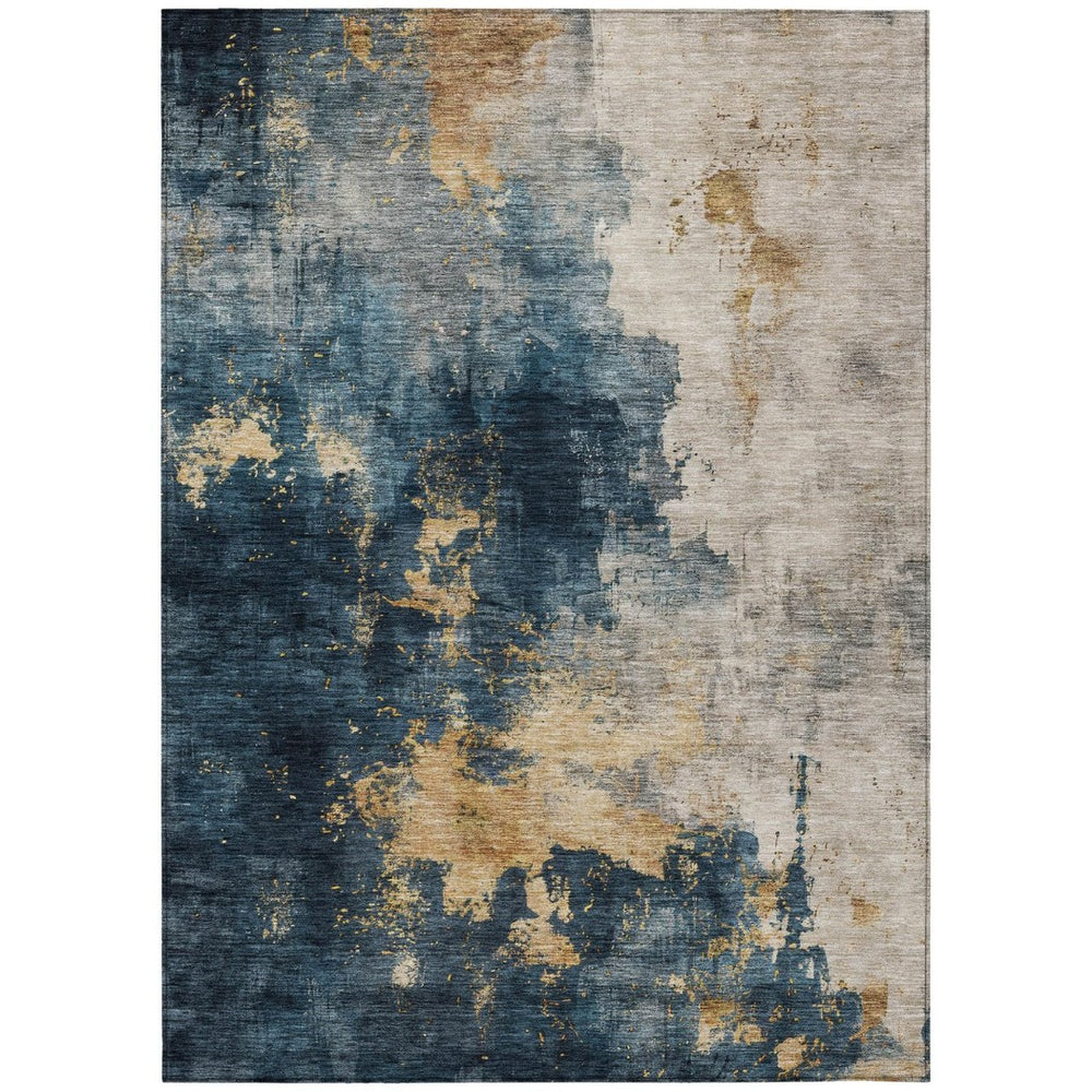 HomeRoots 9' X 12' Blue Gray & Gold Abstract Area Rug – Stylish, Washable & Durable for Indoor/Outdoor Spaces 603051