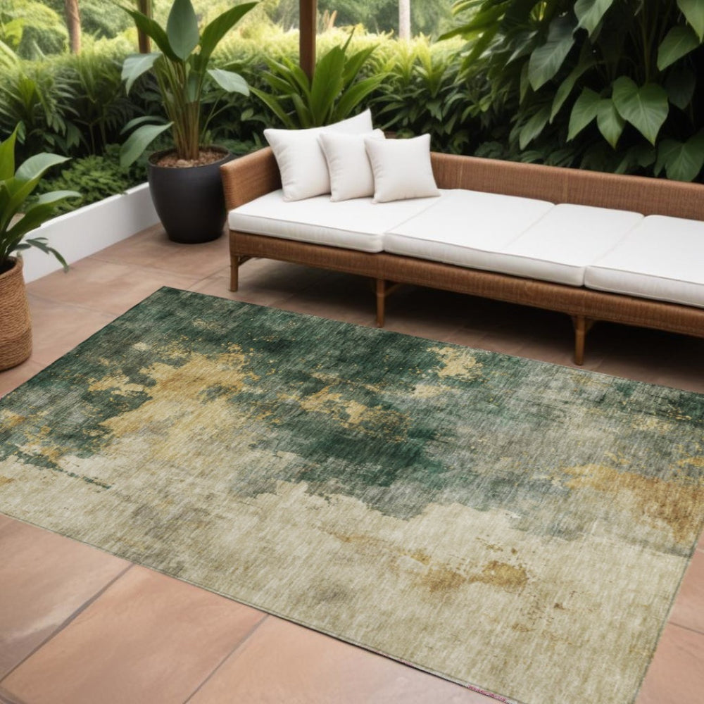 HomeRoots 5' Fern Green and Gold Abstract Area Rug – Durable Washable Design for Indoor and Outdoor Spaces 5' X 8' 603054