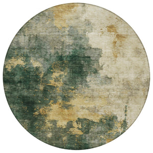 HomeRoots 5' Fern Green and Gold Abstract Area Rug – Durable Washable Design for Indoor and Outdoor Spaces 8' Round 603055