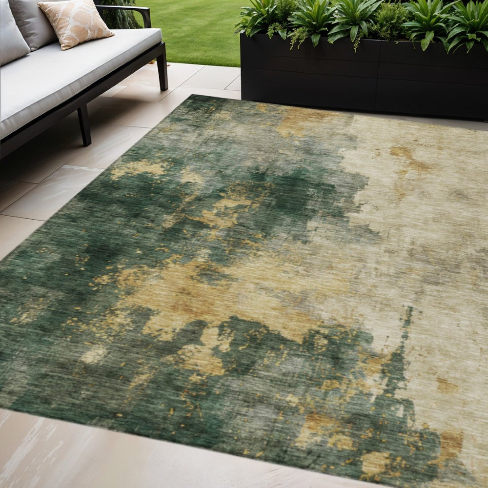 HomeRoots 9' X 12' Stylish Fern Green & Gold Abstract Washable Area Rug – Durable for Indoor & Outdoor Use! 603057