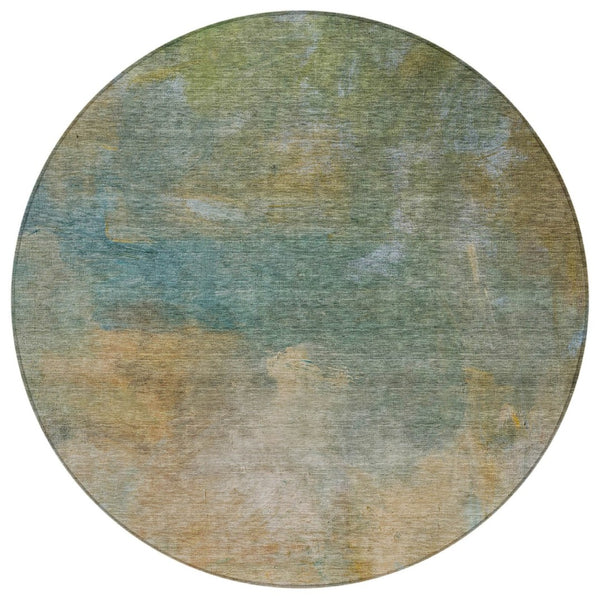 HomeRoots 5' Abstract Artichoke Green, Gray & Gold Washable Area Rug for Indoor & Outdoor Durability 8' Round 603061