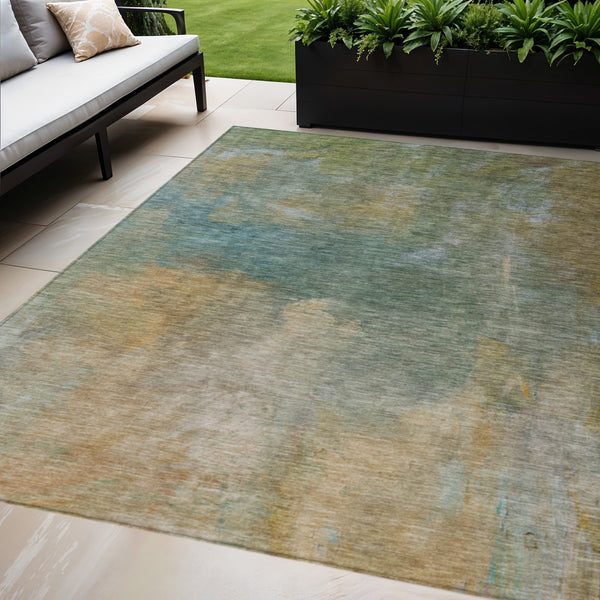 Homeroots 3' Transform Your Space With A Stunning Artichoke Green Gray And Gold Abstract Washable Rug 8' X 10' Polyester 603062