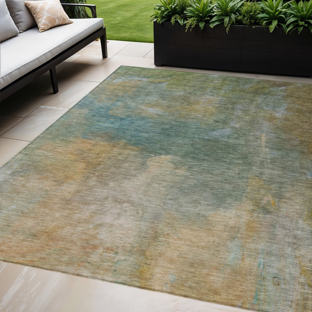 HomeRoots 9' X 12' Modern Artichoke Green Gray and Gold Abstract Area Rug – Washable for Indoor & Outdoor Use 603063