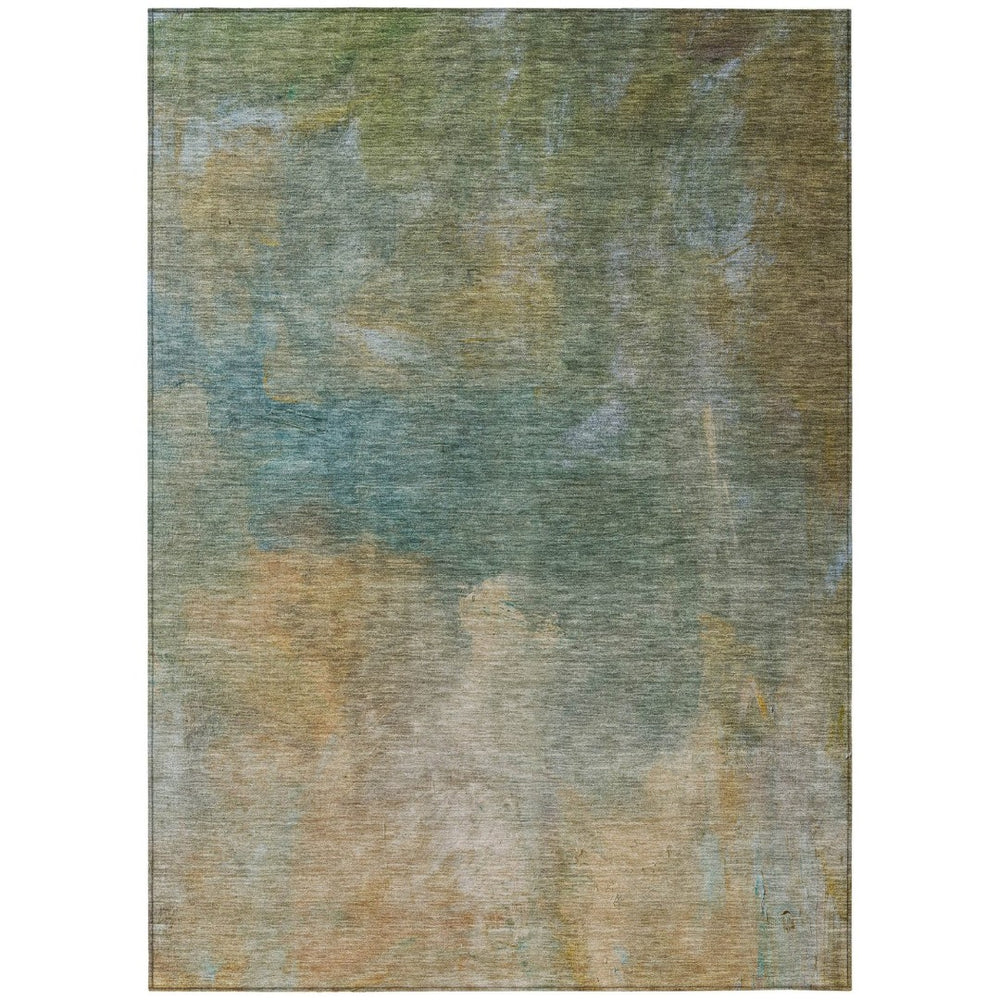 HomeRoots 9' X 12' Modern Artichoke Green Gray and Gold Abstract Area Rug – Washable for Indoor & Outdoor Use 603063
