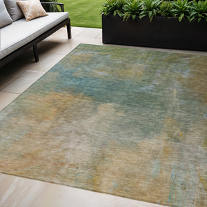 Homeroots 3' Transform Your Space With A Stunning Artichoke Green Gray And Gold Abstract Washable Rug 10' X 14' Polyester 603064