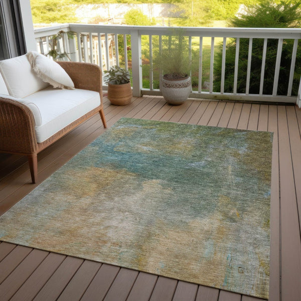 HomeRoots 5' Abstract Artichoke Green, Gray & Gold Washable Area Rug for Indoor & Outdoor Durability 10' X 14' 603064
