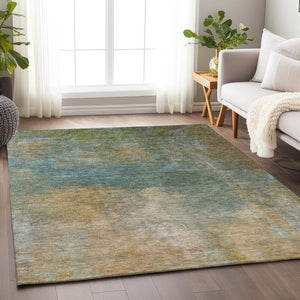 Homeroots 3' Transform Your Space With A Stunning Artichoke Green Gray And Gold Abstract Washable Rug 10' X 14' Polyester 603064