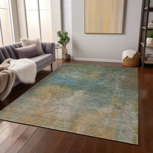 HomeRoots 5' Abstract Artichoke Green, Gray & Gold Washable Area Rug for Indoor & Outdoor Durability 10' X 14' 603064