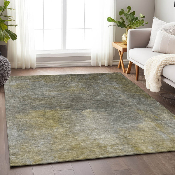 Homeroots 3' Transform Your Space With A Stunning Artichoke Green Gray And Gold Abstract Washable Rug 5' X 8' Polyester 603066