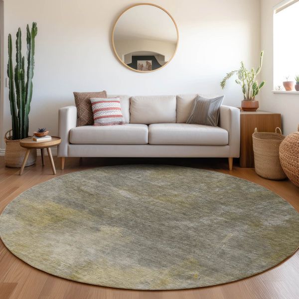 Homeroots 3' Transform Your Space With A Stunning Artichoke Green Gray And Gold Abstract Washable Rug 8' Round Polyester 603067