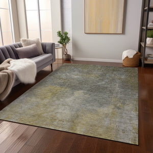 Homeroots 3' Transform Your Space With A Stunning Artichoke Green Gray And Gold Abstract Washable Rug 10' X 14' Polyester 603070