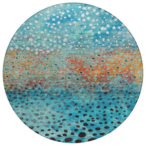 HomeRoots 5' Bold Blue Terra Cotta and Black Abstract Washable Area Rug for Indoor and Outdoor Spaces 8' Round 603085