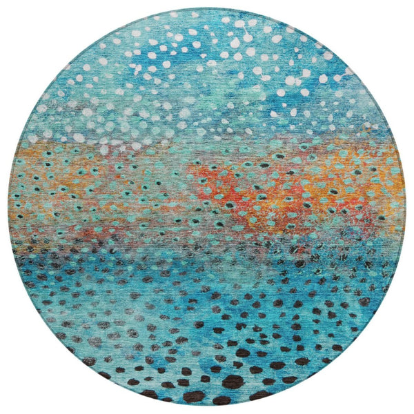 HomeRoots 5' Bold Blue Terra Cotta and Black Abstract Washable Area Rug for Indoor and Outdoor Spaces 8' Round 603085
