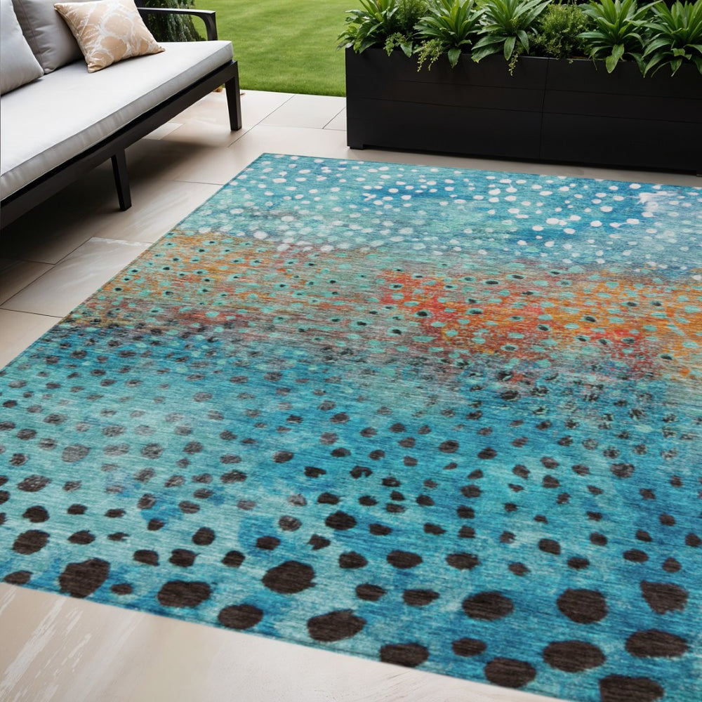 HomeRoots 9' X 12' Abstract Washable Area Rug in Blue, Terra Cotta & Black - Durable Indoor/Outdoor Style! 603087