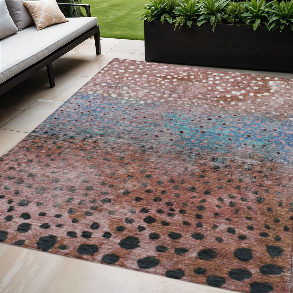 HomeRoots 5' Terra Cotta Blue and Black Abstract Area Rug - Stylish, Washable, Perfect for Indoor & Outdoor Spaces 10' X 14' 603100