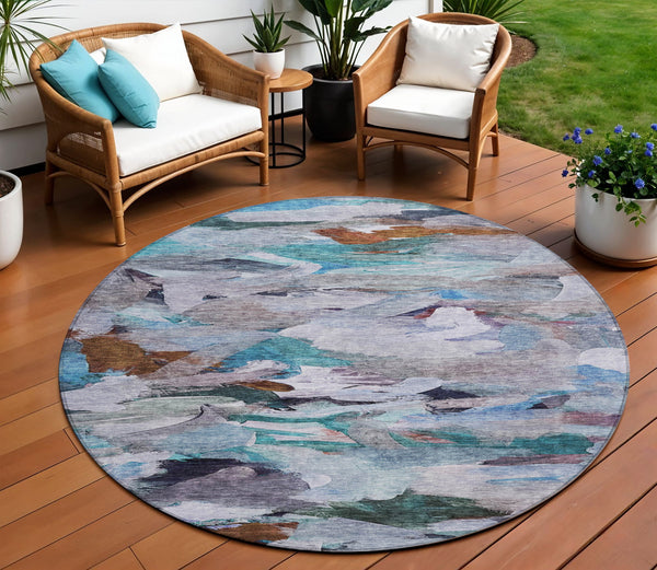 Homeroots 3' Beige Green Brown Abstract Washable Area Rug - Perfect For Indoor And Outdoor Spaces, Durable Design 8' Round Polyester 603121