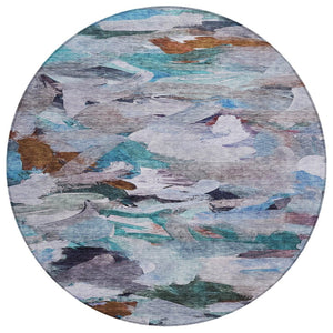HomeRoots 5' Blue Gray and Brown Abstract Area Rug - Stylish Washable Design for Indoor or Outdoor Spaces 8' Round 603121