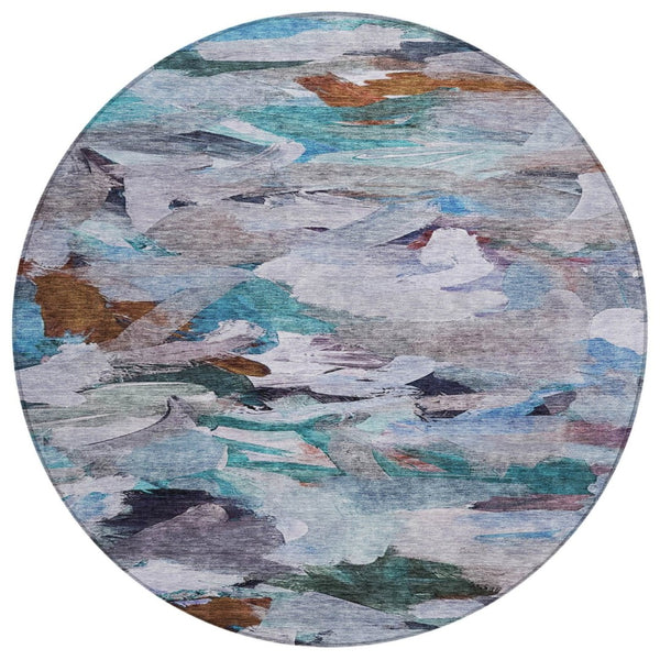 HomeRoots 5' Blue Gray and Brown Abstract Area Rug - Stylish Washable Design for Indoor or Outdoor Spaces 8' Round 603121